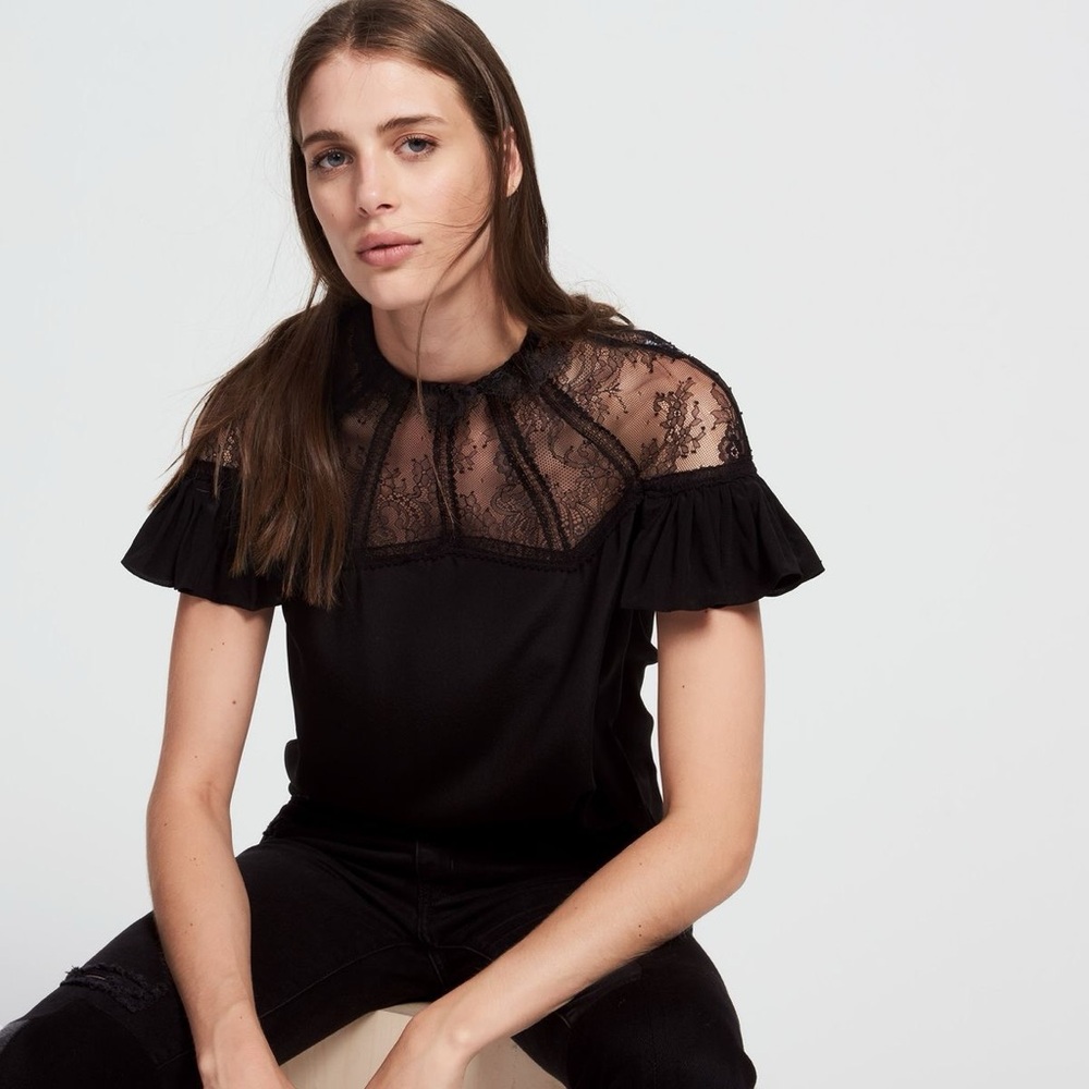 Sandro Silk Top with Lace High Neck Black